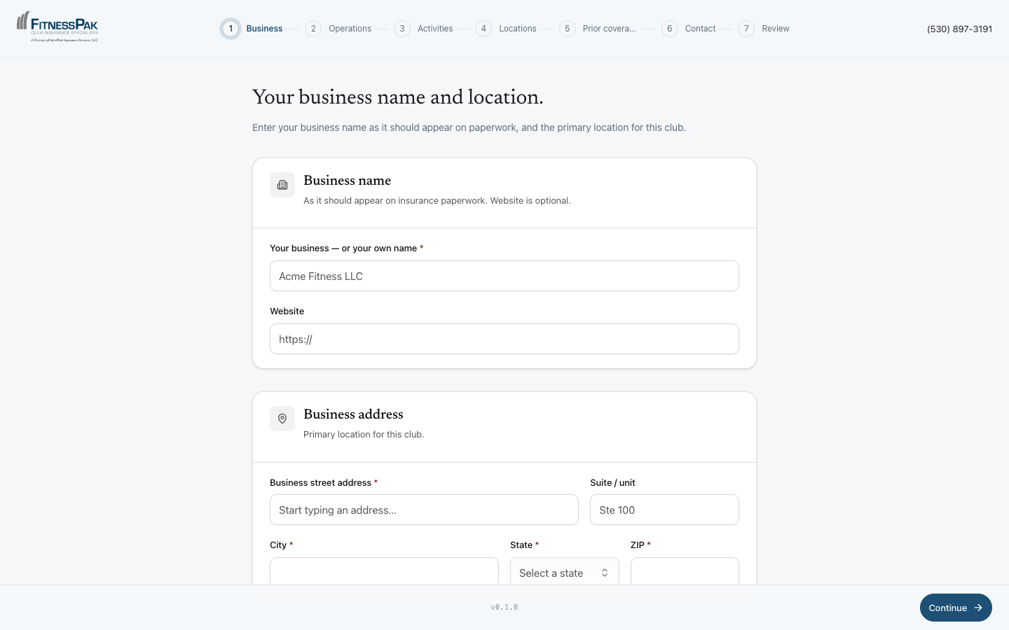 FitnessPak lead form. First step asking for the club's business name, website, and address.