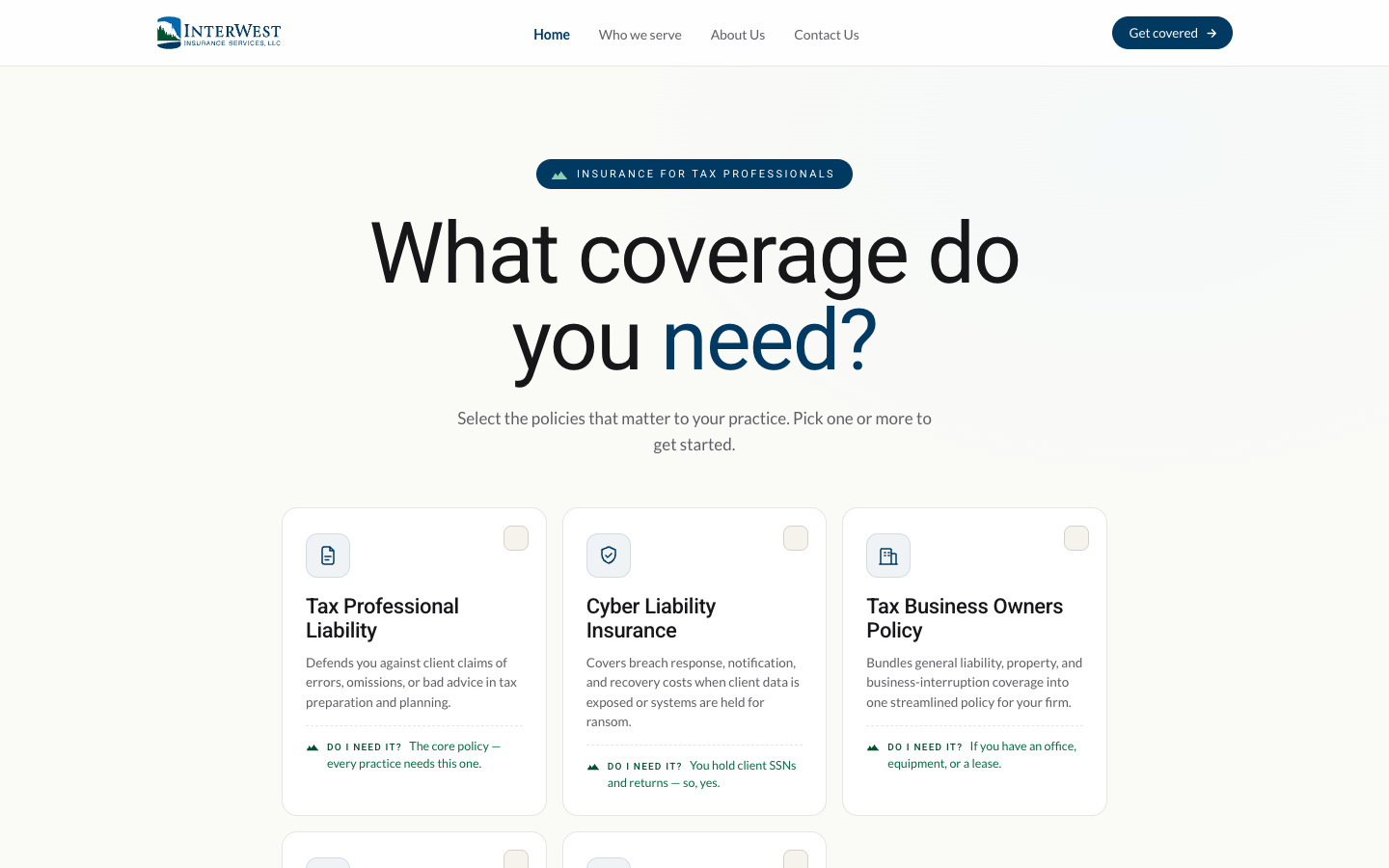Tax Pro E&O lead form. Policy picker for tax professional liability, cyber, BOP, workers compensation, and bonds.