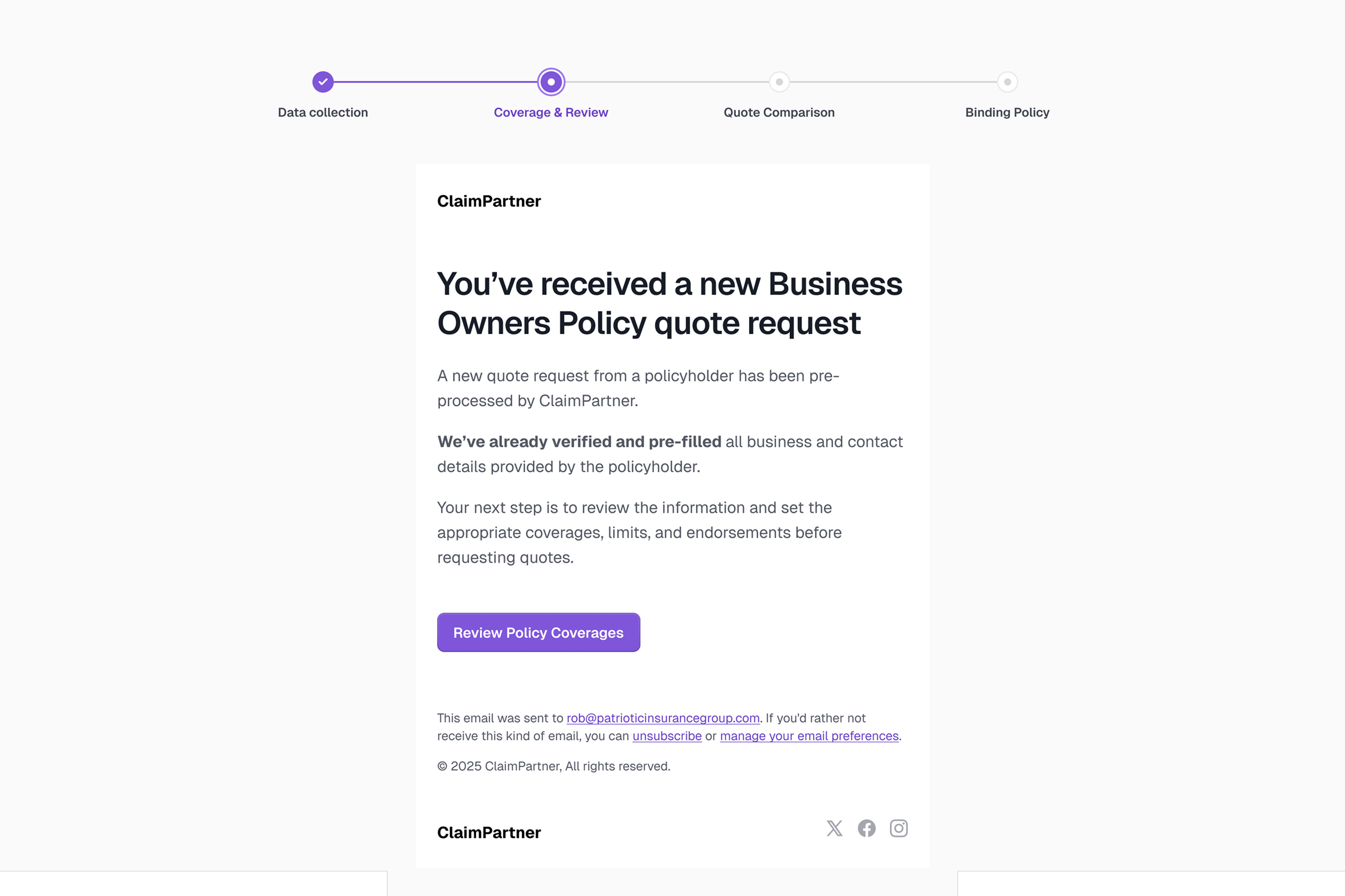 Email notification showing insurance request ready for review